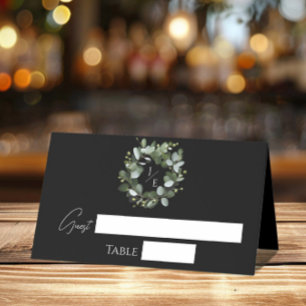 Modern Monogram Eucalyptus Wreath Black Place Card