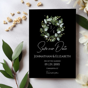 Modern Monogram Eucalyptus Wreath Black Save The Date