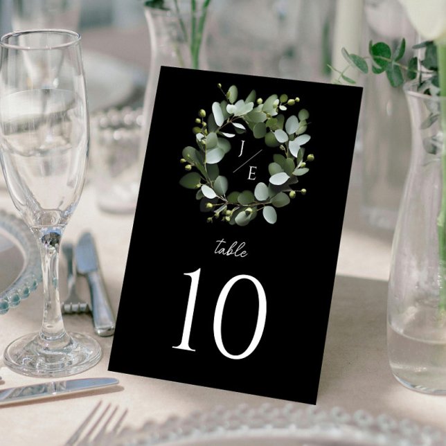 Modern Monogram Eucalyptus Wreath | Black Table Number (Black Modern Monogram Eucalyptus Wreath Wedding Table Card)