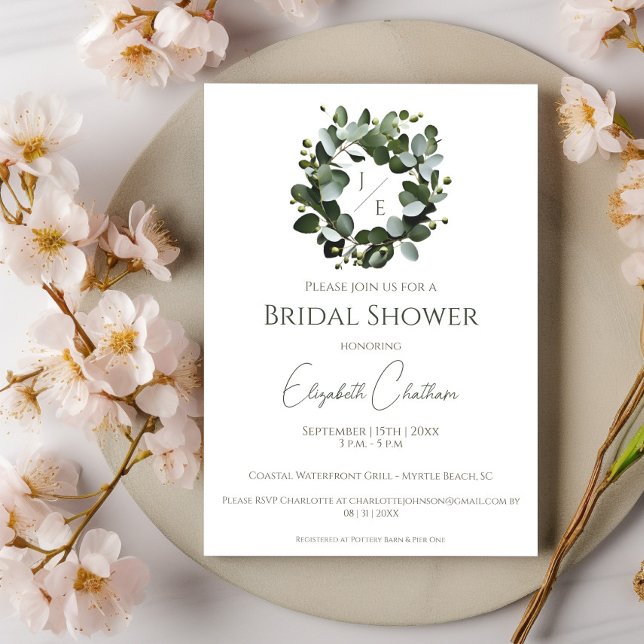 Modern Monogram Eucalyptus Wreath Bridal Shower Invitation (White Modern Monogram Eucalyptus Wreath Bridal Shower Invitation)