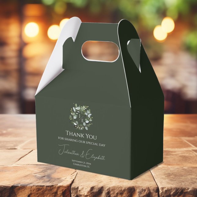 Modern Monogram Eucalyptus Wreath | Dark Green Favour Box (Dark Green Modern Monogram Eucalyptus Wreath Wedding Favor Box)