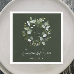 Modern Monogram Eucalyptus Wreath Dark Green Napkin