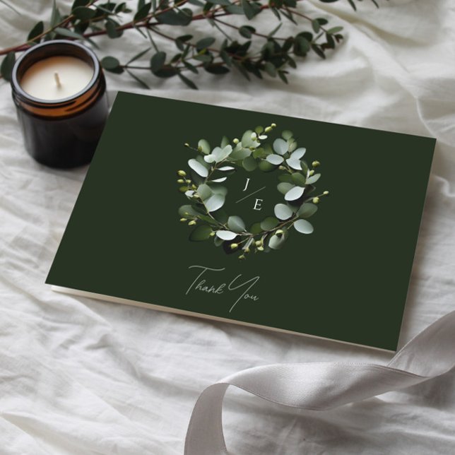 Modern Monogram Eucalyptus Wreath | Dark Green Thank You Card (Dark Green Modern Monogram Eucalyptus Wreath Wedding Thank You Card)