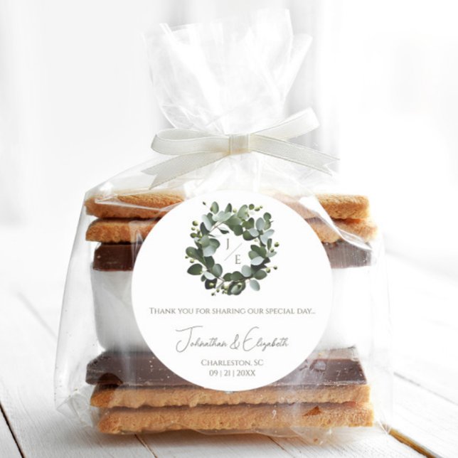 Modern Monogram Eucalyptus Wreath Favour | White  Classic Round Sticker (White Modern Monogram Eucalyptus Wreath Wedding Favor Sticker)