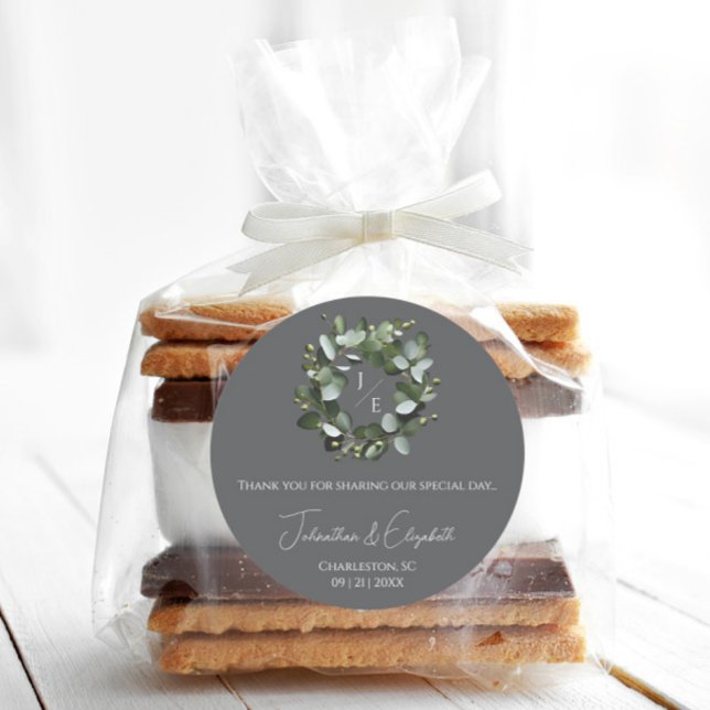 Modern Monogram Eucalyptus Wreath Grey Classic Round Sticker (Gray Modern Monogram Eucalyptus Wreath Wedding Favor Sticker)