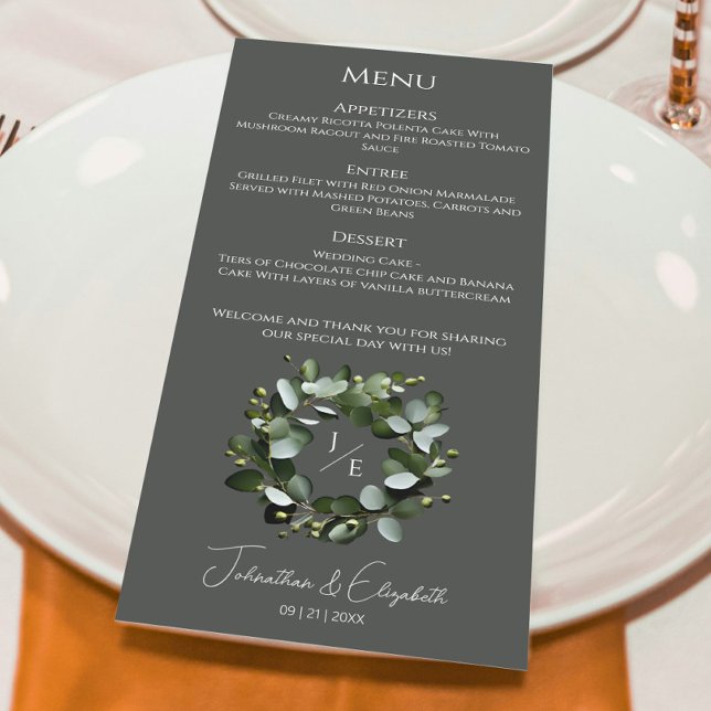 Modern Monogram Eucalyptus Wreath | Grey Menu (Gray Modern Monogram Eucalyptus Wreath Wedding Menu)