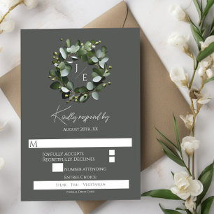 Modern Monogram Eucalyptus Wreath Grey RSVP Card