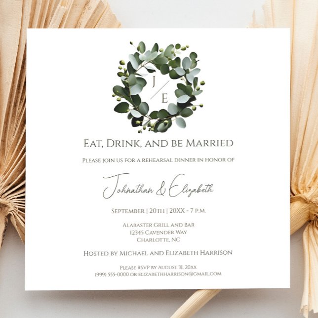Modern Monogram Eucalyptus Wreath Rehearsal Dinner Invitation (White Modern Monogram Eucalyptus Wreath Wedding Rehearsal Dinner Invitation)