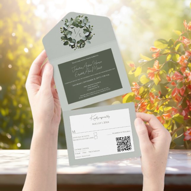 Modern Monogram Eucalyptus Wreath Sage Green All In One Invitation (Sage Green Modern Monogram Eucalyptus Wreath All in One Wedding Invitation)