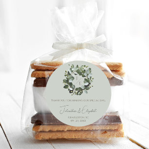 Modern Monogram Eucalyptus Wreath Sage Green Classic Round Sticker