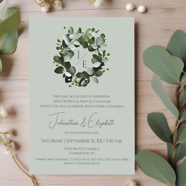Modern Monogram Eucalyptus Wreath | Sage Green Invitation (Sage Green Modern Monogram Eucalyptus Wreath Wedding Invitation)