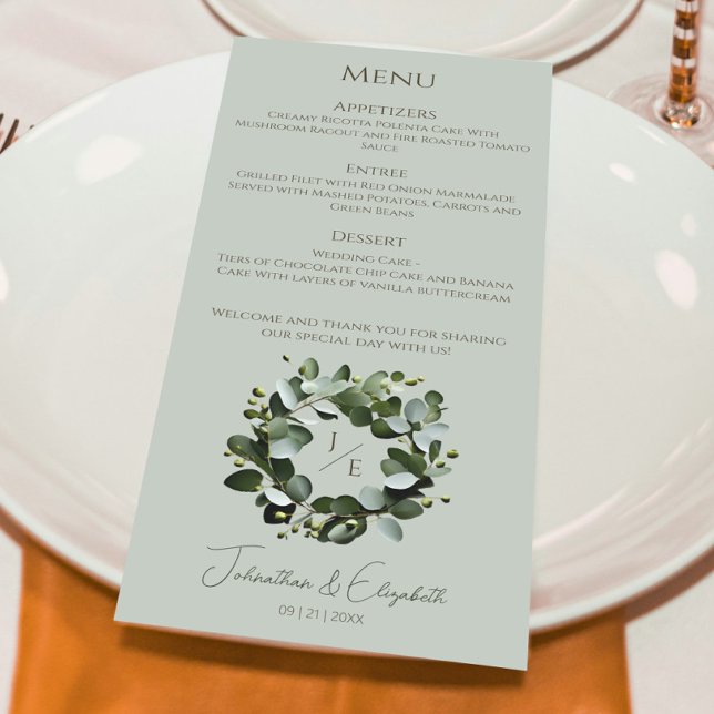 Modern Monogram Eucalyptus Wreath | Sage Green Menu (Sage Green Modern Monogram Eucalyptus Wreath Wedding Menu)