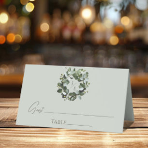 Modern Monogram Eucalyptus Wreath Sage Green Place Card