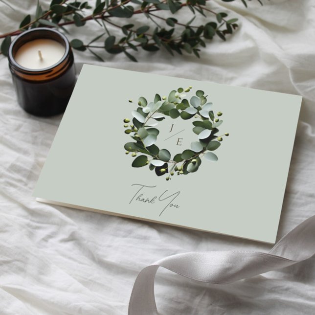 Modern Monogram Eucalyptus Wreath | Sage Green Thank You Card (Sage Green Modern Monogram Eucalyptus Wreath Wedding Thank You Card)