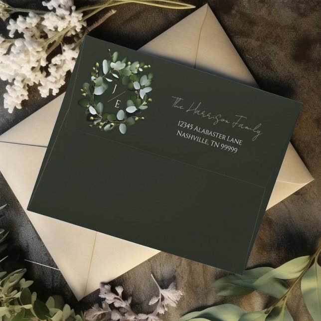 Modern Monogram Eucalyptus Wreath Wedding Envelope (Dark Green Modern Monogram Eucalyptus Wreath Wedding Envelope)