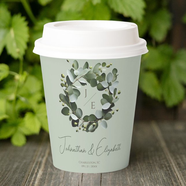 Modern Monogram Eucalyptus Wreath Wedding Paper Cups (Sage Green Modern Monogram Eucalyptus Wreath Wedding Paper Cup)
