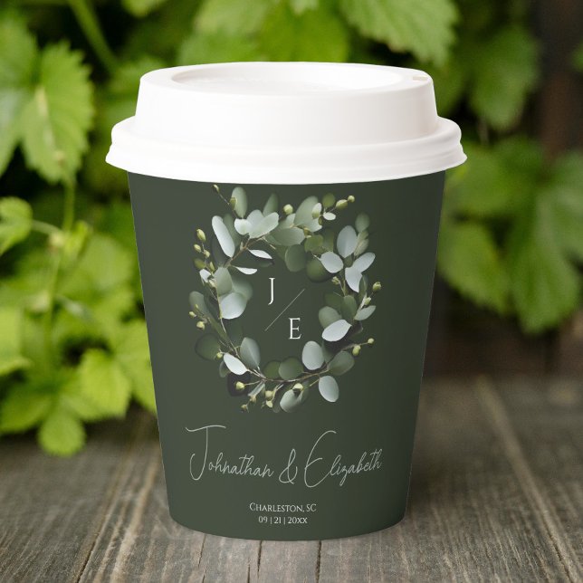 Modern Monogram Eucalyptus Wreath Wedding Paper Cups (Dark Green Modern Monogram Eucalyptus Wreath Wedding Paper Cup)