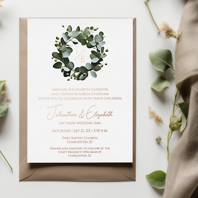 Modern Monogram Eucalyptus Wreath Wedding | White (White Modern Monogram Eucalyptus Wreath Foil Wedding Invitation)