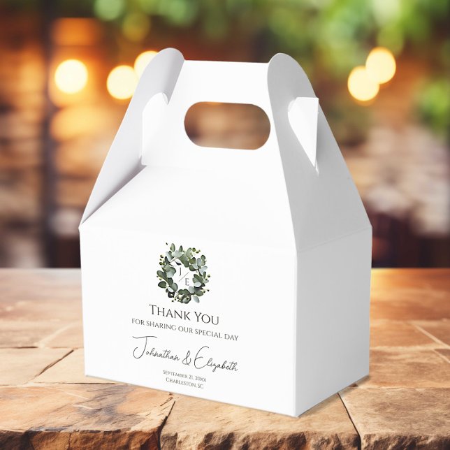 Modern Monogram Eucalyptus Wreath Wedding | White Favour Box (White Modern Monogram Eucalyptus Wreath Wedding Favor Box)