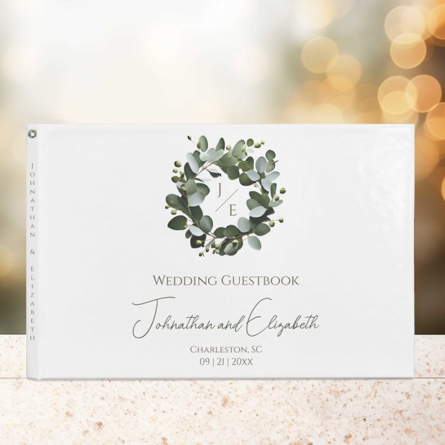 Modern Monogram Eucalyptus Wreath Wedding | White Guest Book (White Modern Monogram Eucalyptus Wreath Wedding Guestbook)