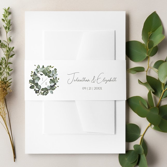 Modern Monogram Eucalyptus Wreath Wedding | White Invitation Belly Band (White Modern Monogram Eucalyptus Wreath Wedding Invitation Belly Band)