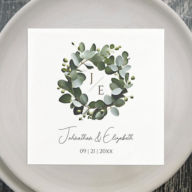 Modern Monogram Eucalyptus Wreath Wedding | White Napkin (White Modern Monogram Eucalyptus Wreath Wedding Napkin)