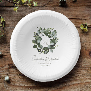 Modern Monogram Eucalyptus Wreath Wedding   White Paper Plate
