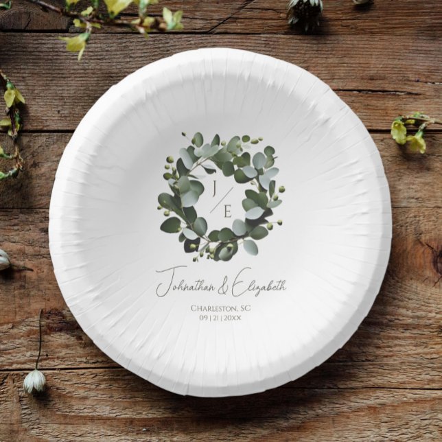 Modern Monogram Eucalyptus Wreath Wedding | White Paper Plate (White Modern Monogram Eucalyptus Wreath Wedding Paper Bowls)