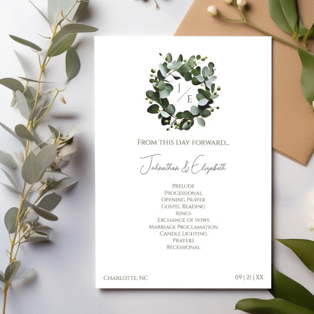 Modern Monogram Eucalyptus Wreath Wedding | White Program (White Modern Monogram Eucalyptus Wreath Wedding Program)