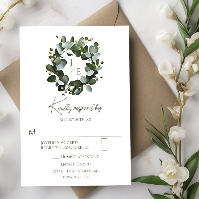 Modern Monogram Eucalyptus Wreath Wedding | White RSVP Card (White Modern Monogram Eucalyptus Wreath Wedding RSVP)