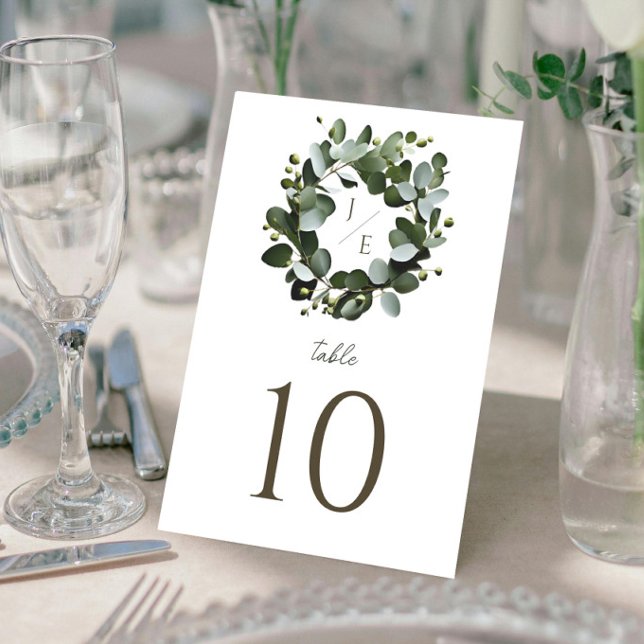 Modern Monogram Eucalyptus Wreath Wedding | White Table Number (White Modern Monogram Eucalyptus Wreath Wedding Table Card)