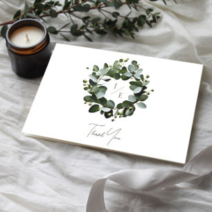 Modern Monogram Eucalyptus Wreath Wedding   White Thank You Card
