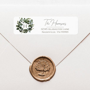 Modern Monogram Eucalyptus Wreath White Return Address Label
