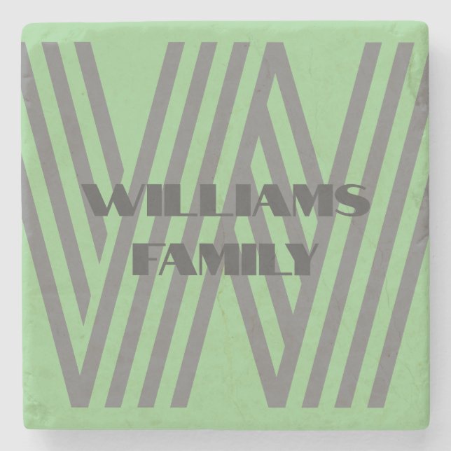Modern Monogram Family Coaster – Mint Green & Gray (Front)