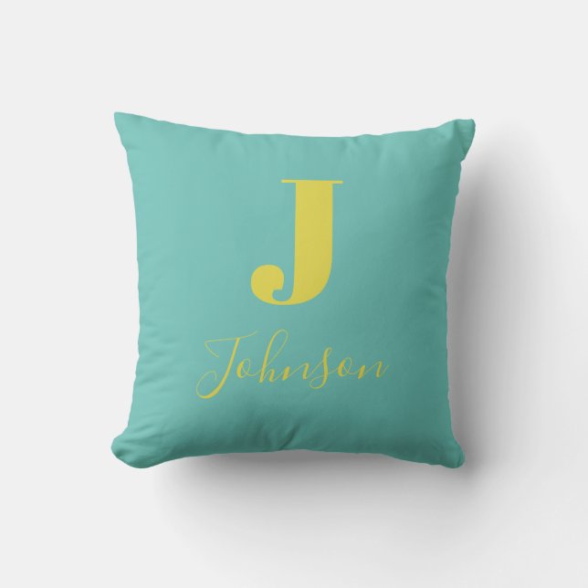 Modern Monogram Family Name Teal Cushion (Front)