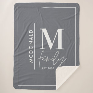 Modern monogram family navy grey stylish elegant sherpa blanket