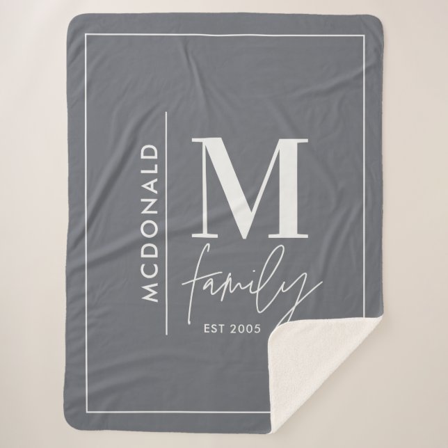 Modern monogram family navy grey stylish elegant sherpa blanket (Front)