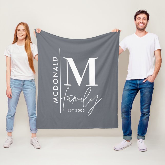 Modern monogram family navy grey stylish matching fleece blanket (In Situ)