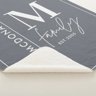 Modern monogram family navy grey stylish  sherpa b blanket