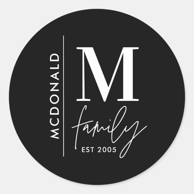 Modern monogram family navy  stylish monochrome classic round sticker (Front)
