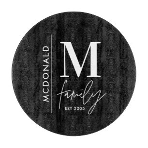 Modern monogram family navy stylish monochrome cutting board