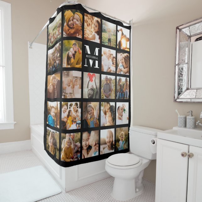 Modern Monogram Family Photo Collage Chic Black Shower Curtain (In Situ)