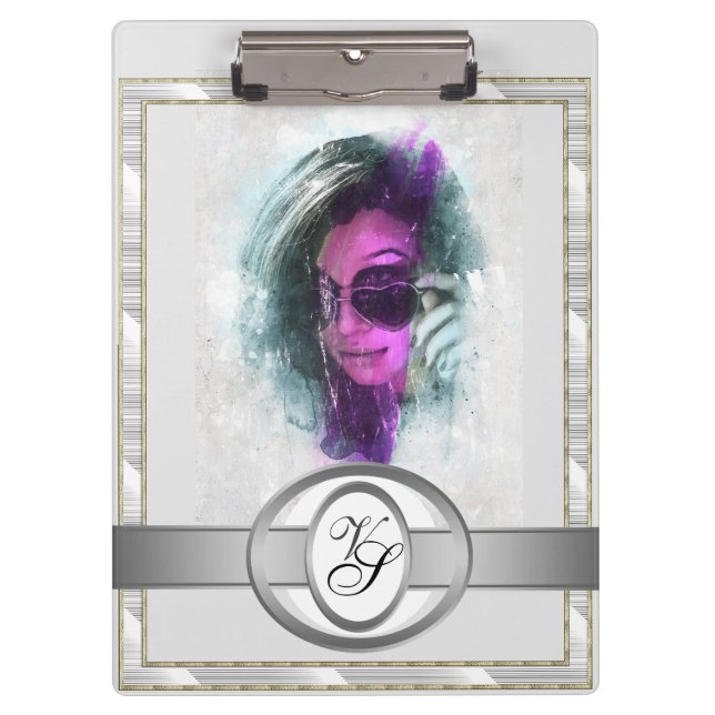 Modern Monogram Fashionable Girl Black and grey Clipboard (Front)