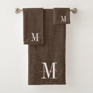 Modern Monogram Faux Linen Dark Brown  Bath Towel Set