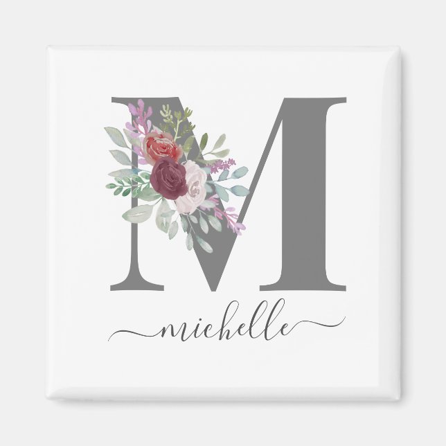 Modern Monogram Floral Initial Name Magnet (Front)