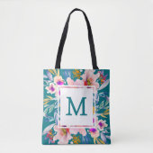 Modern Monogram Floral  Teal Elegant Tote Bag (Front)