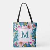Modern Monogram Floral  Teal Elegant Tote Bag (Back)