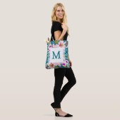 Modern Monogram Floral  Teal Elegant Tote Bag (On Model)
