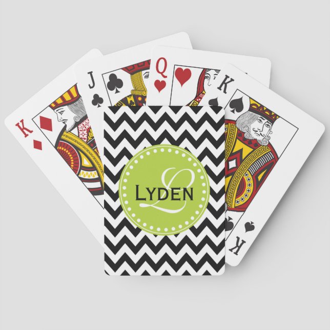 Modern monogram gift black chevron playing cards (Back)