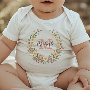 Modern Monogram Girly Rose Wreath Personalised     Baby Bodysuit